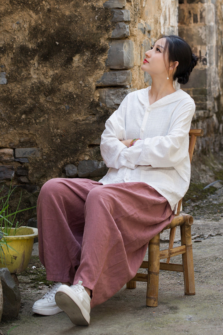 Women's Linen Sand-Washed Hooded Long-Sleeved Blouse