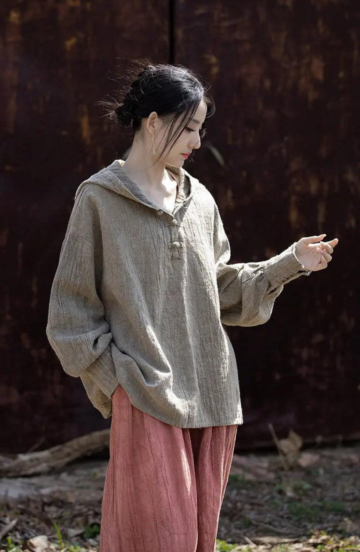 UV Protection Women's Shirt+ Long-Sleeved Hooded T-Shirt for Women-Women's Shirt-Thebesttailor-One size-Oatmeal-Cotton/linen-Thebesttailor