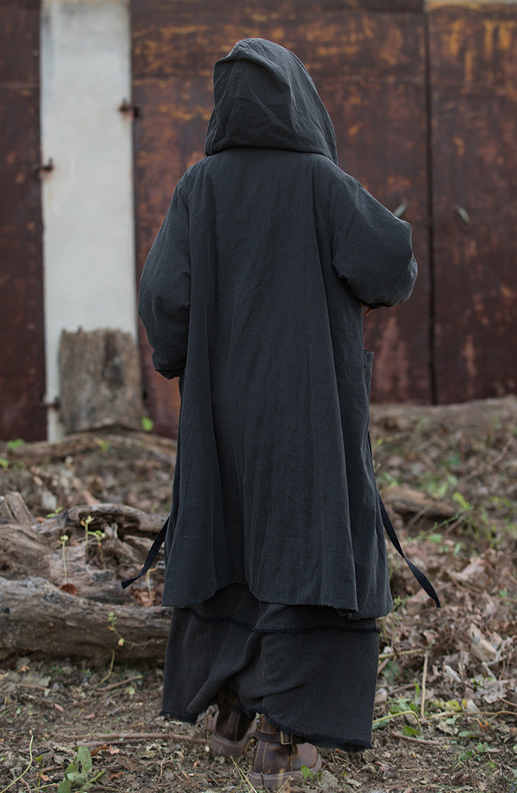 black quilted transitional women's coat maxi coat with hood