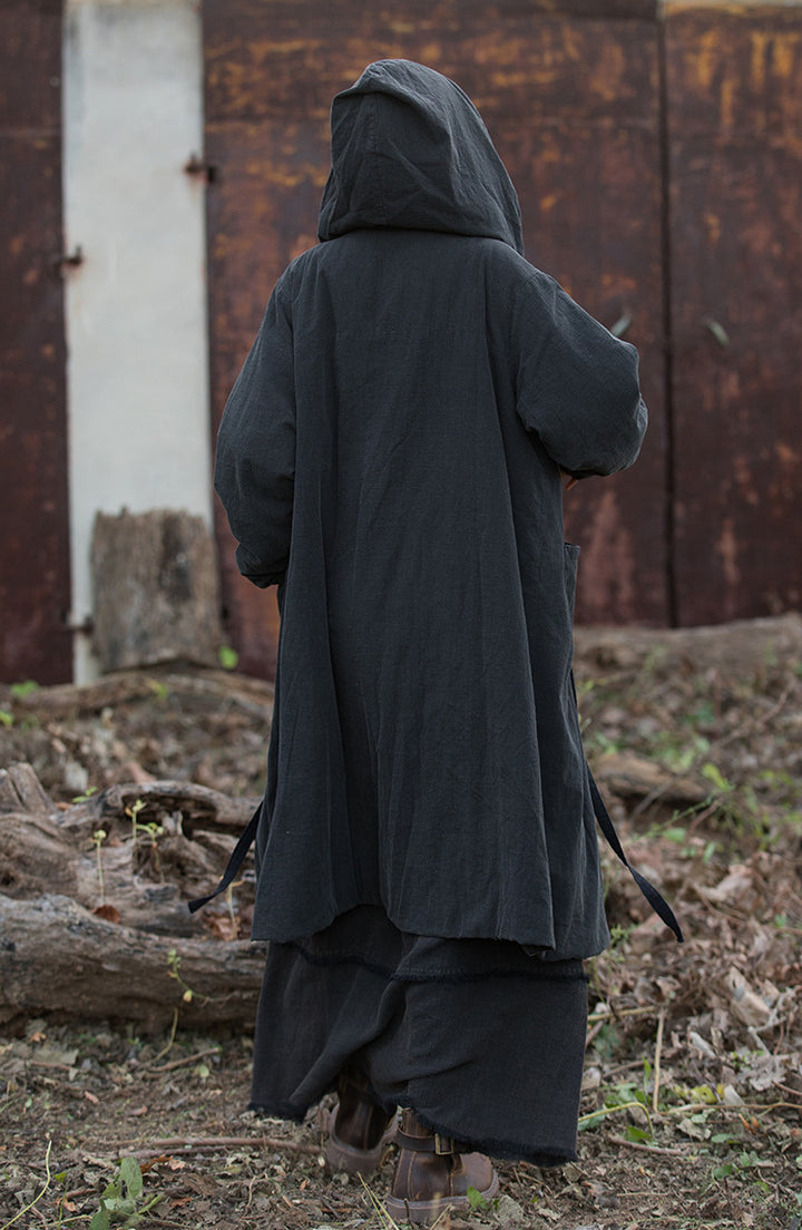 black quilted transitional women's coat maxi coat with hood