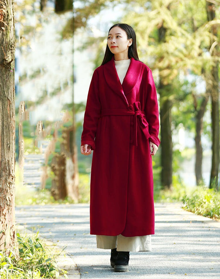 Winter Solid Color Wool Coat Lace Up Slim Fit With Belt