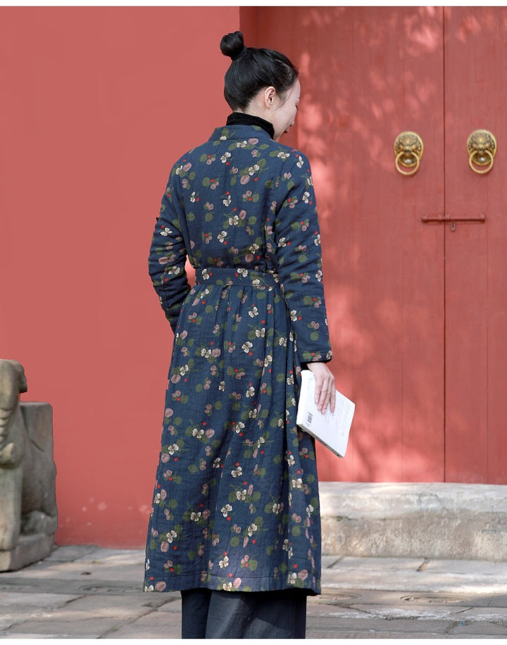 Womens Cotton Floral Chinese Style Tie Waist Dress Navy