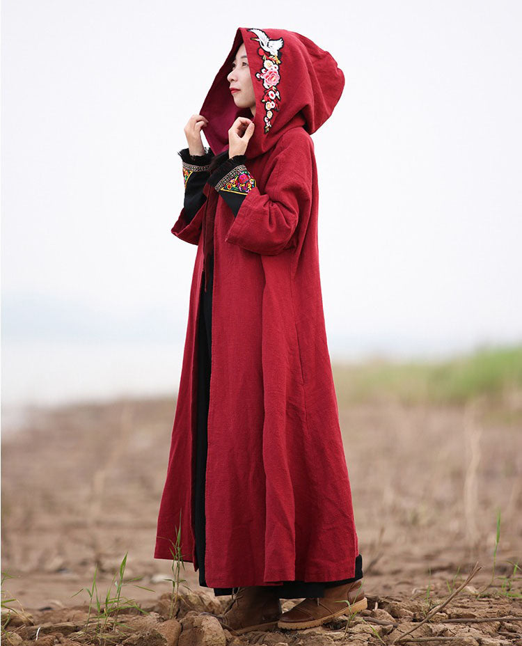 Winter Cotton And Linen Embroidered Chinese hooded cape coat