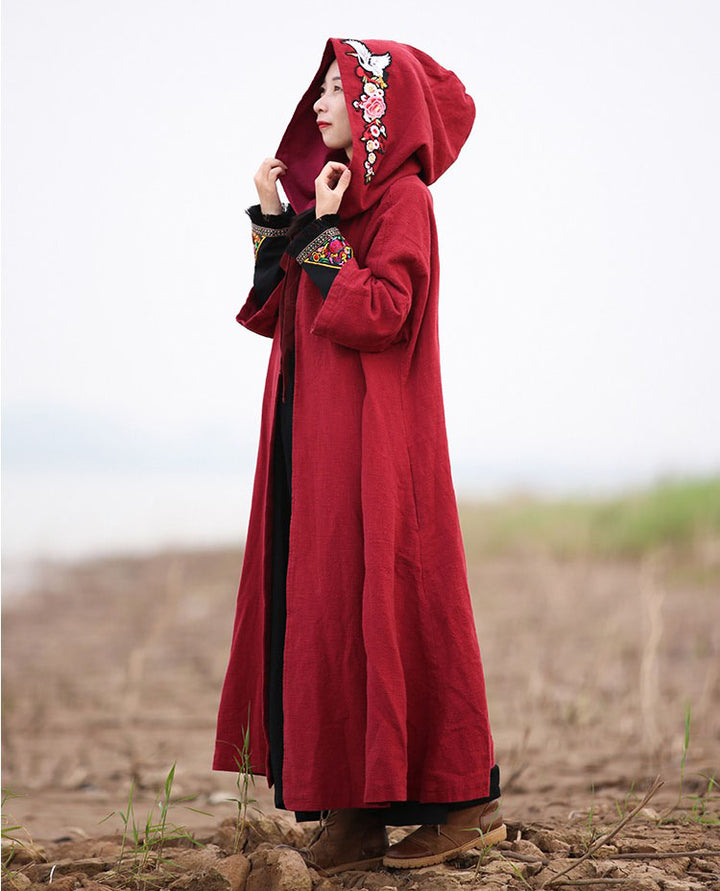 Winter Cotton And Linen Embroidered Chinese hooded cape coat