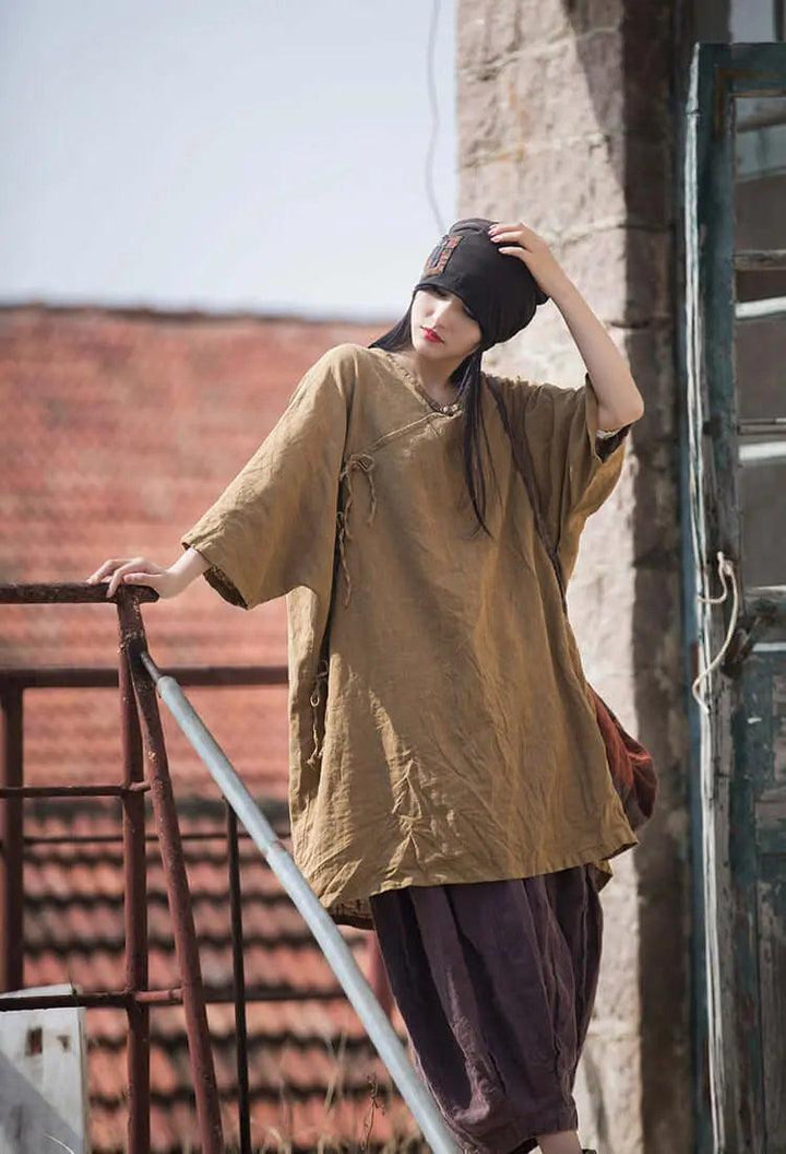 Elegant Vintage Dark Brown Linen Shirt for Women-Women's Shirt-Thebesttailor-Thebesttailor