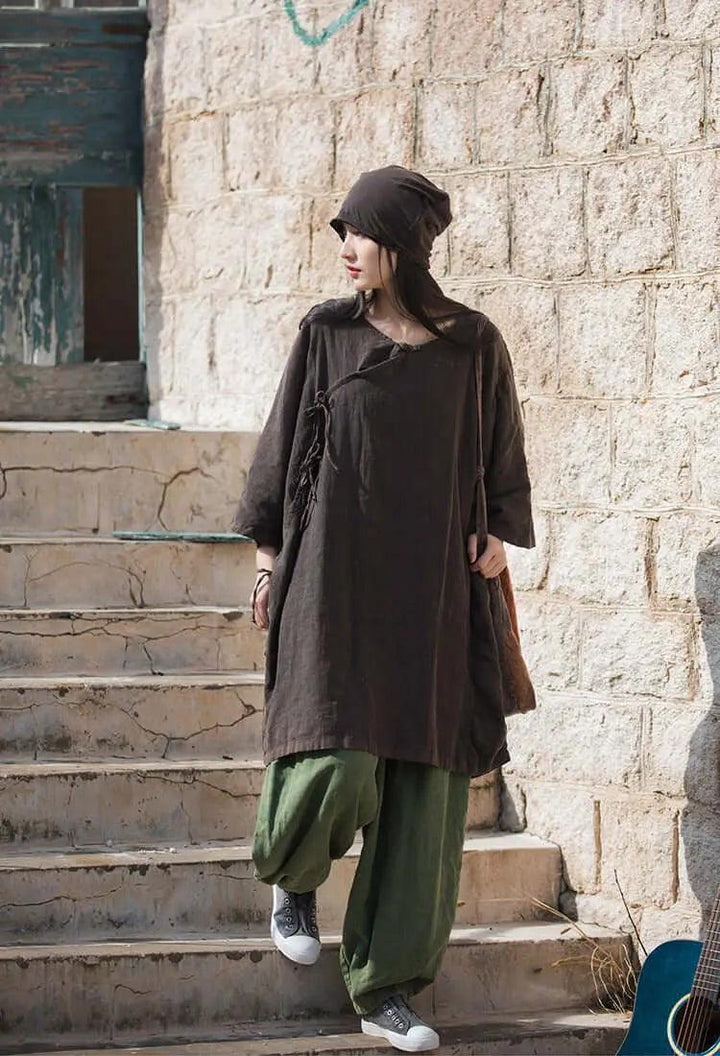 Elegant Vintage Dark Brown Linen Shirt for Women-Women's Shirt-Thebesttailor-Thebesttailor