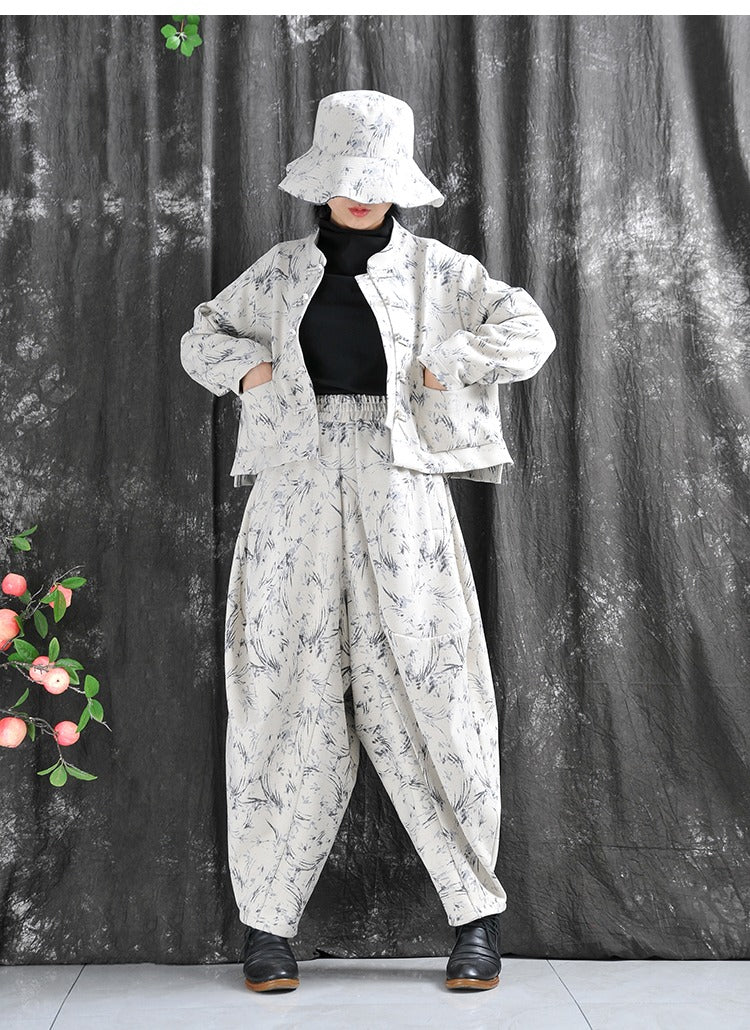 Autumn Cotton Blend Floral Top And Harem Pants Set