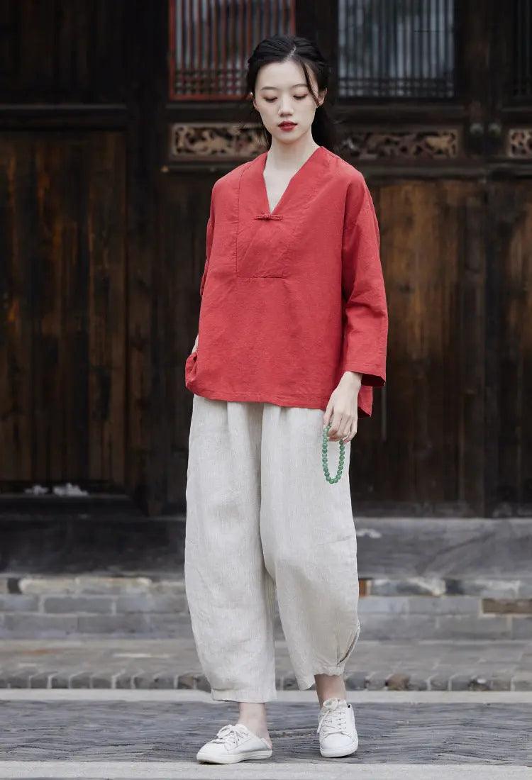 linen shirts women summer tops womens blouses 3 4 sleeve tops-Women's Shirt-Thebesttailor-Thebesttailor