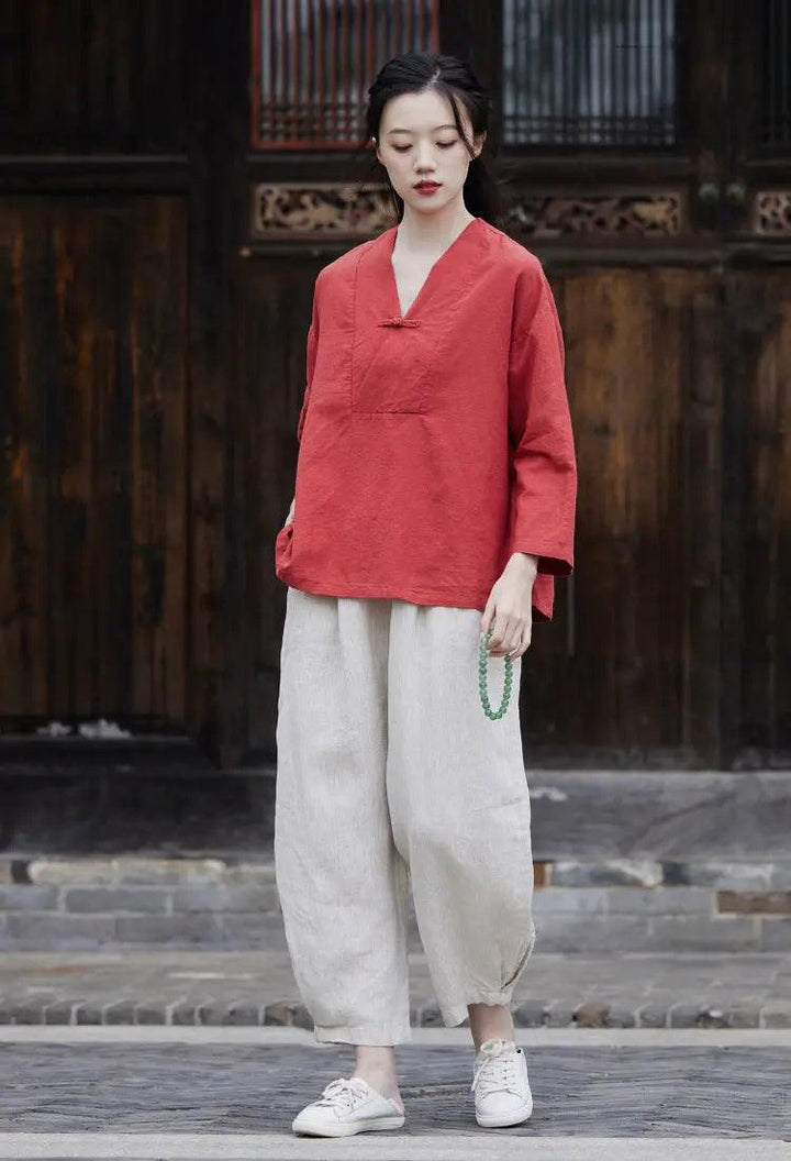 linen shirts women summer tops womens blouses 3 4 sleeve tops-Women's Shirt-Thebesttailor-Thebesttailor