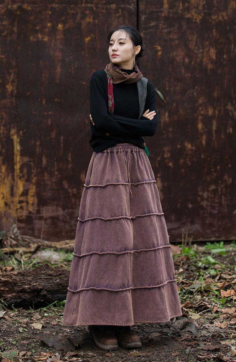 Retro Long Wool A-line Maxi Skirt with Pockets for Women-Women's Skirts-Thebesttailor-Thebesttailor