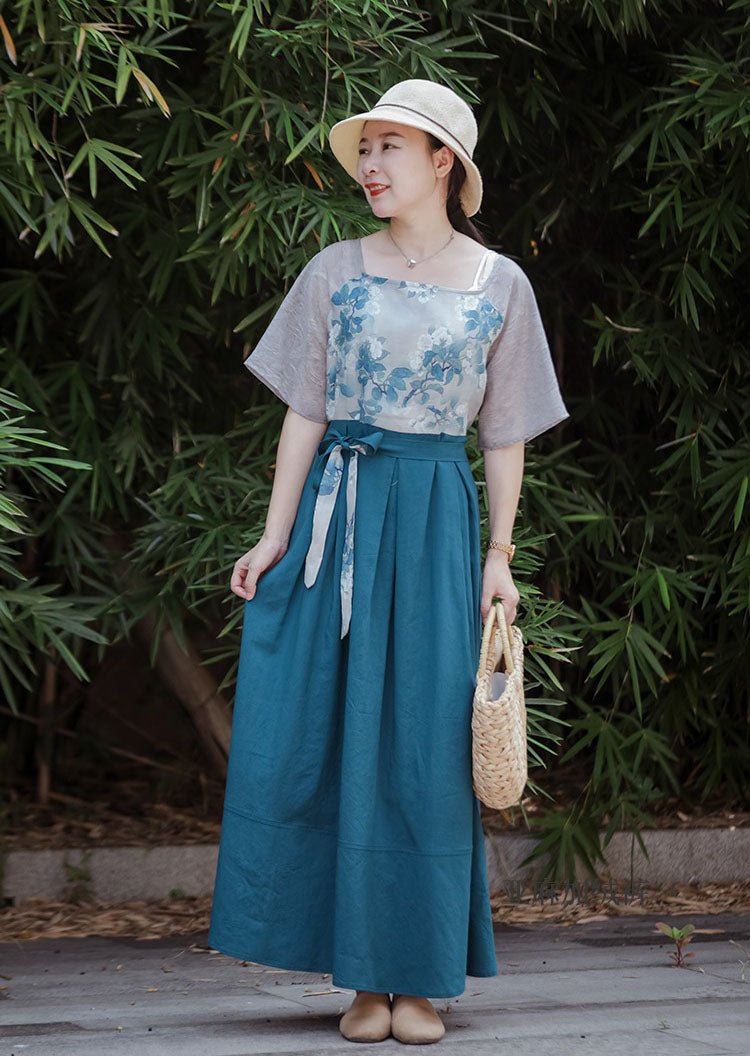 Chinese Linen Patchwork Floral Lace Up High Waist Maxi Dress