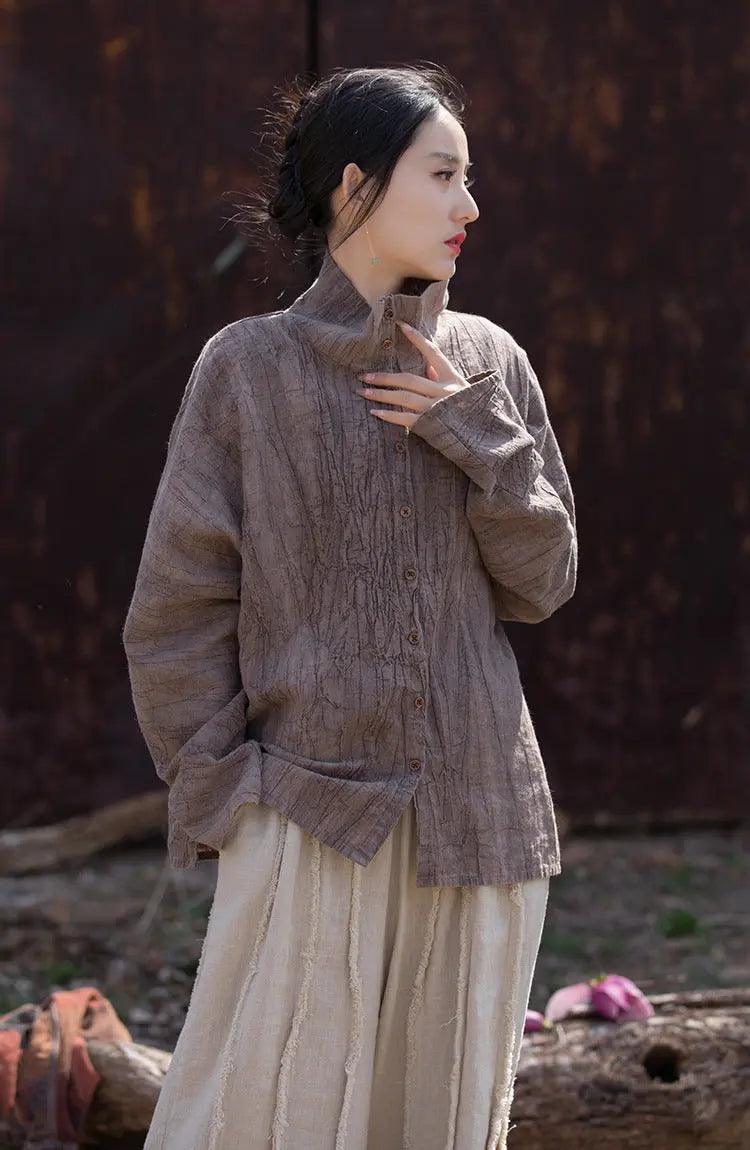 Linen Blouse for Women Elegant Linen Turtleneck Cardigan Blouse-Women's Shirt-Thebesttailor-One Size-Purple-Linen-Thebesttailor