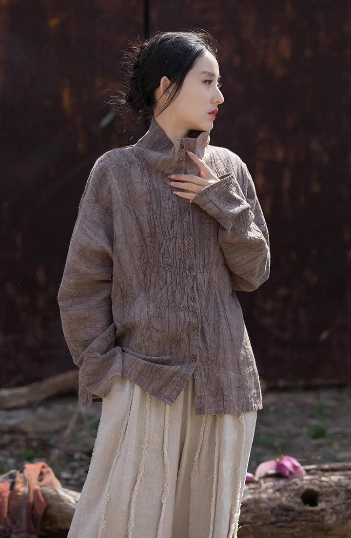 Linen Blouse for Women Elegant Linen Turtleneck Cardigan Blouse-Women's Shirt-Thebesttailor-One Size-Purple-Linen-Thebesttailor