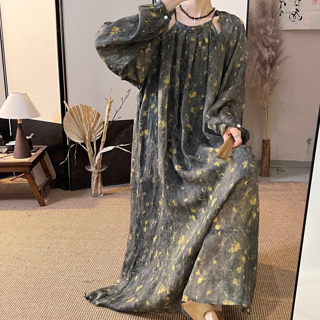 Casual Ramie Printed Long Sleeve Maxi Dress