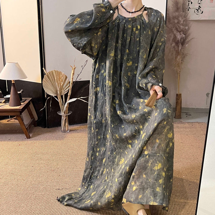 Casual Ramie Printed Long Sleeve Maxi Dress