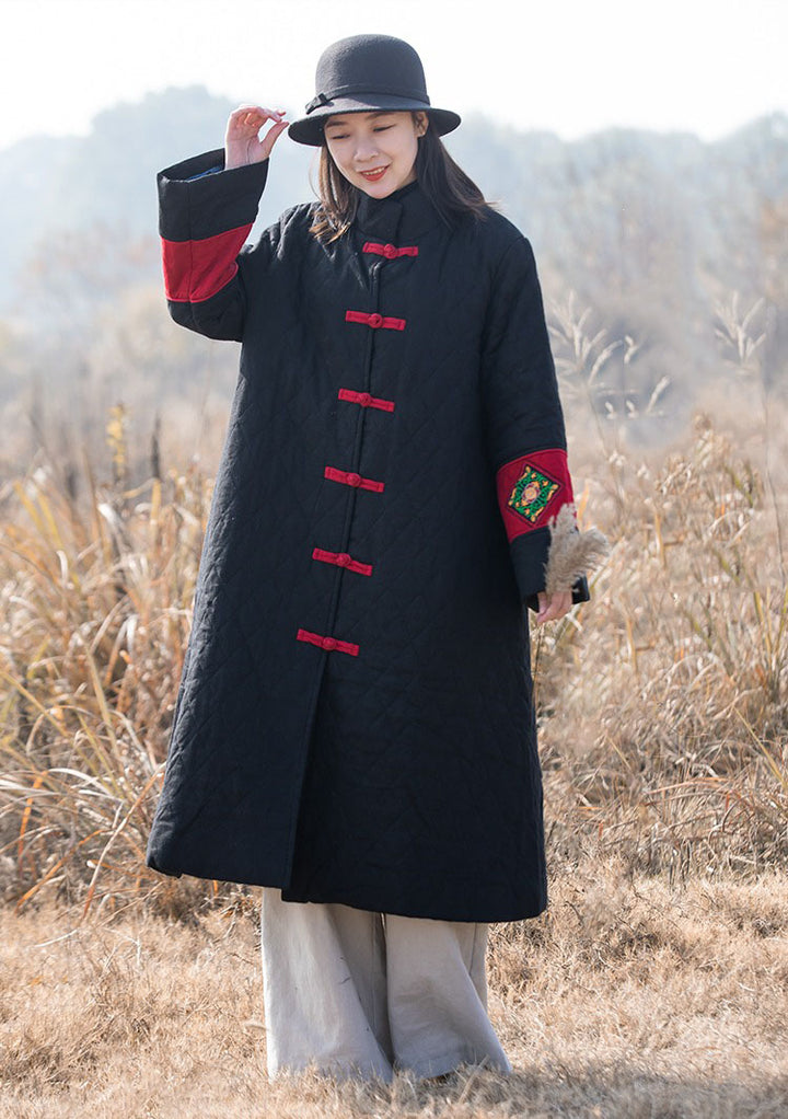 Vintage Chinese Quilted Linen Winter Coat Red Black
