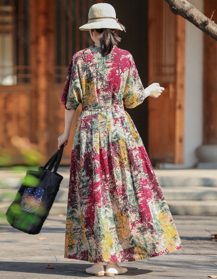 Chinese Style Retro Linen Floral Maxi Dress For Women