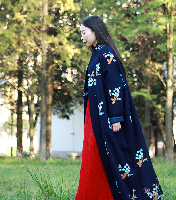 Womens Chinese Retro Floral Long Wool Coat Cardigan Style