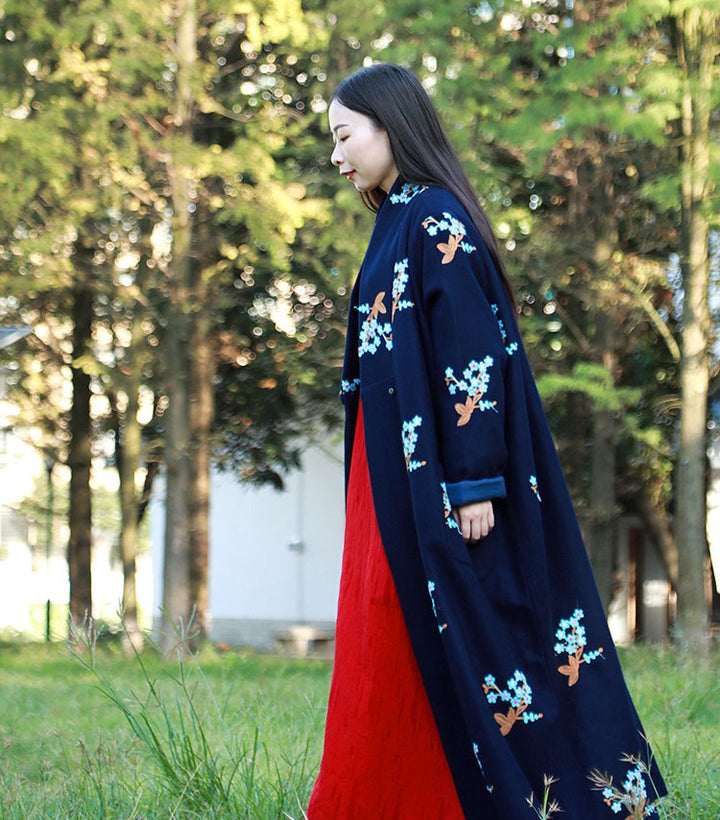 Womens Chinese Retro Floral Long Wool Coat Cardigan Style