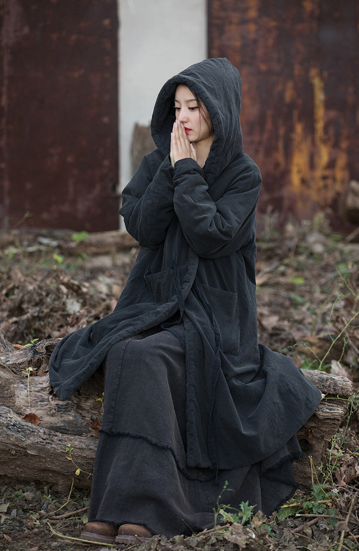 black quilted transitional women's coat maxi coat with hood