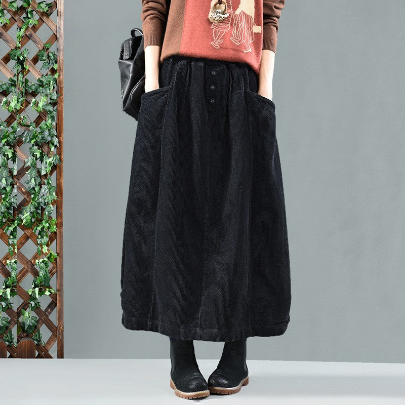 Skirt Midi Women Spring Corduroy Skirt with Pockets