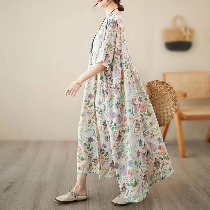 Women's Summer Dress Flowery Green Linen A-Line Dress-Women's dress-Thebesttailor-Thebesttailor