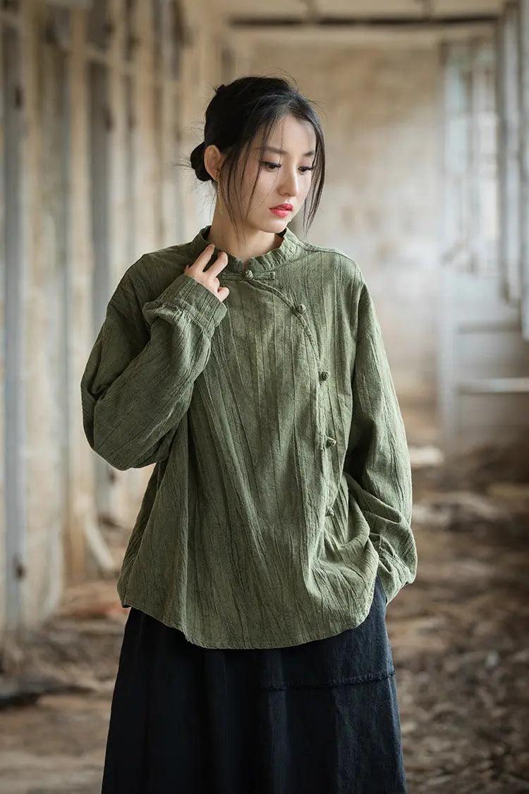 Handmade Retro Tie-Dye Cotton and Linen Sun Shirt for Women-Women's Shirt-Thebesttailor-One size-Green-Thebesttailor