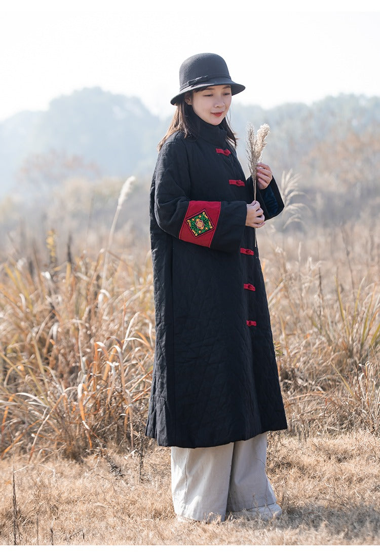 Vintage Chinese Quilted Linen Winter Coat Red Black