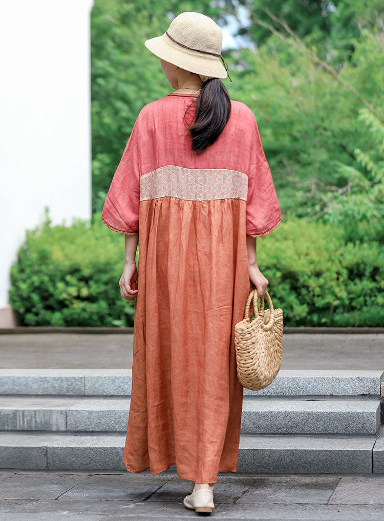 Summer Ramie Orange Patchwork with Pockets Dress for Women