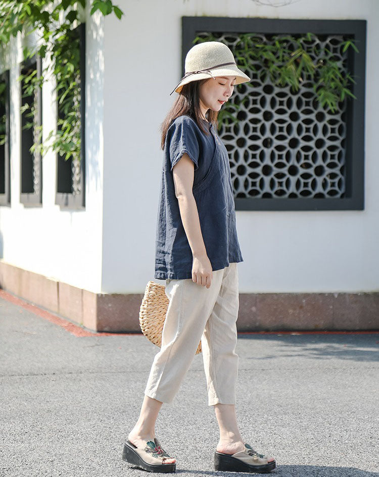 Women's Summer Linen Tapered Pants with Pockets