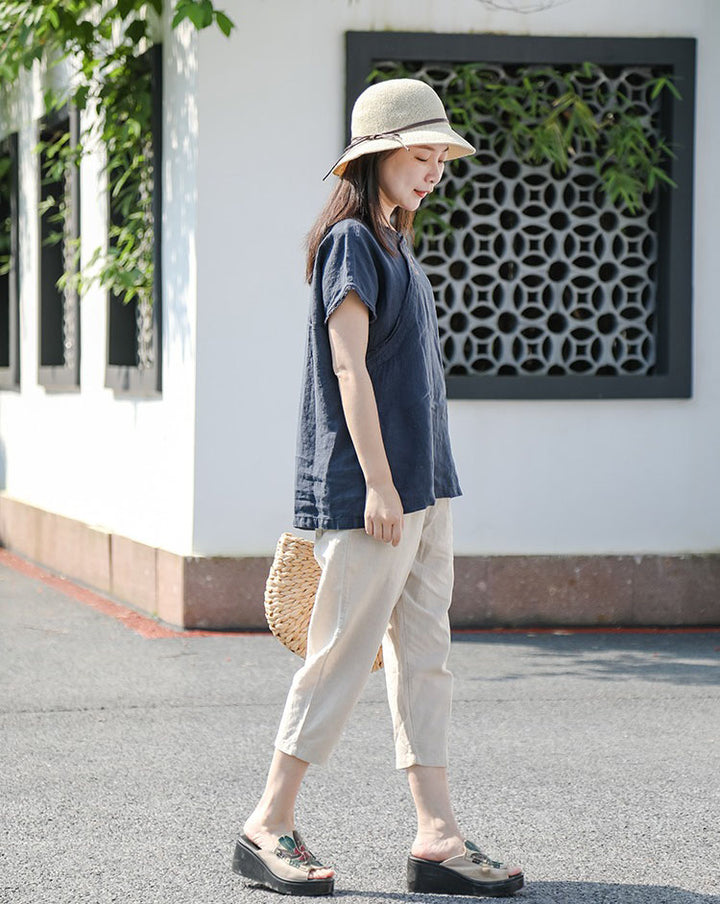 Women's Summer Linen Tapered Pants with Pockets