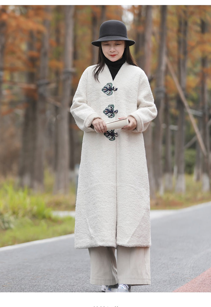Chinese Lambswool Long Overcoat Cardigan in Beige and Red