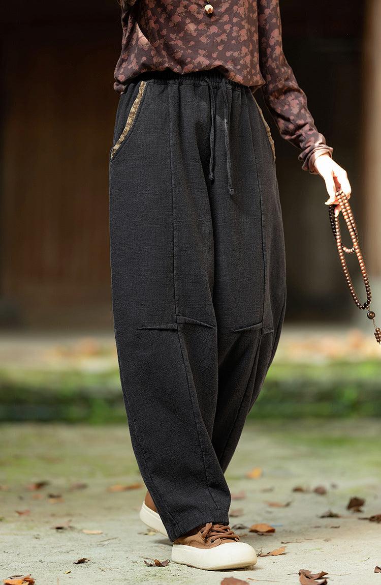 Retro Cozy Linen Loose Bloomers-Women's pants-Thebesttailor-One size-Black-Cotton-Thebesttailor