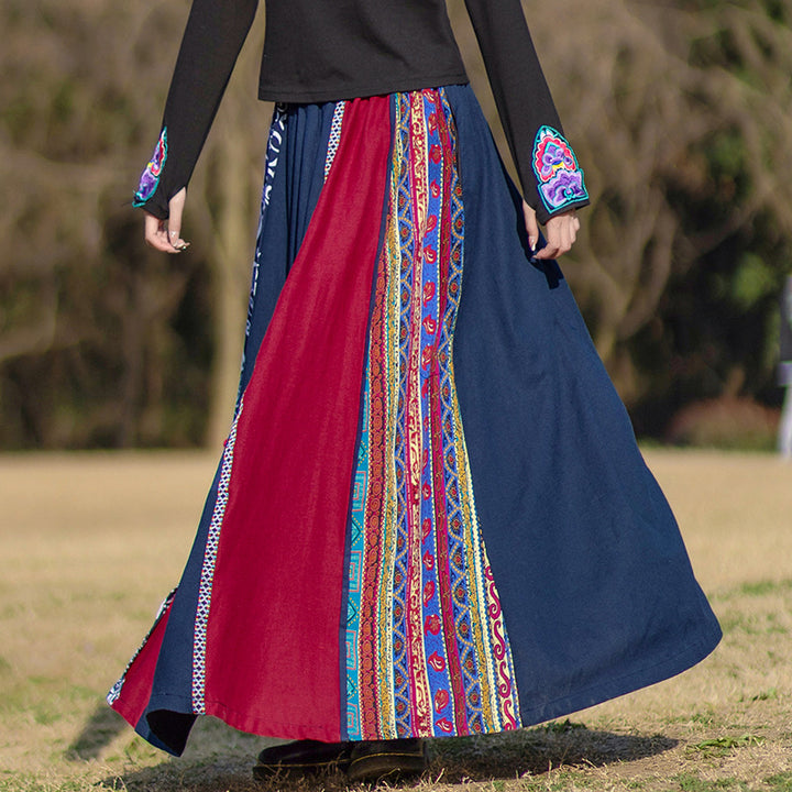 Cotton And Linen boho Elastic Waist Wide Sleeve Maxi Skirt