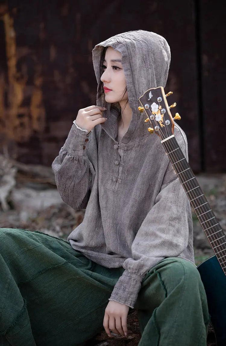 UV Protection Women's Shirt+ Long-Sleeved Hooded T-Shirt for Women-Women's Shirt-Thebesttailor-One size-Purple black-Cotton/linen-Thebesttailor