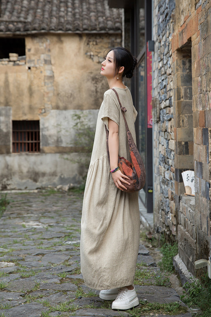 Women's Summer Linen Tie-Dye Short-Sleeved Dress for Comfort