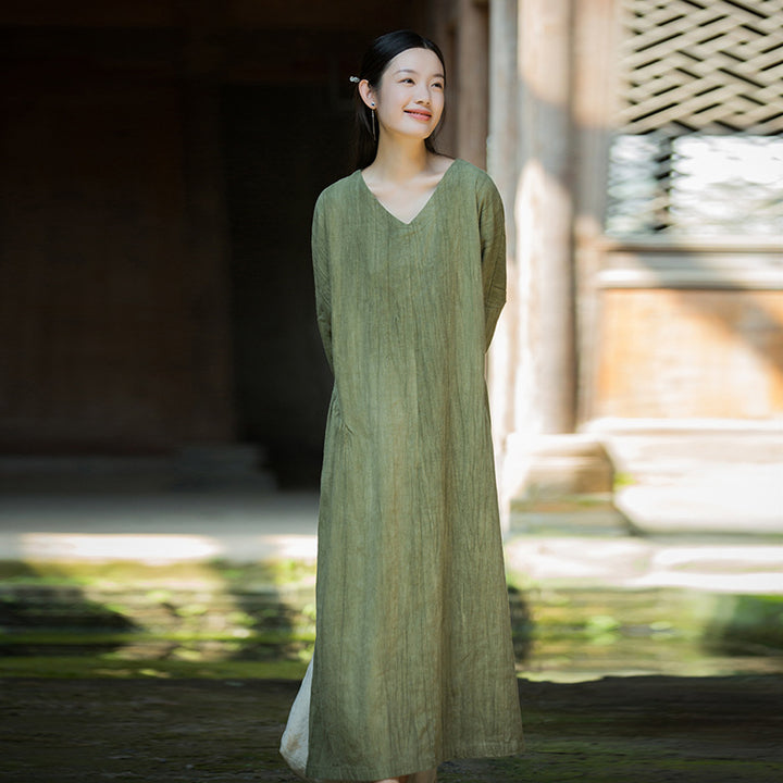 Summer Linen Tie-Dyed Fried Color V-Neck Dress for Women