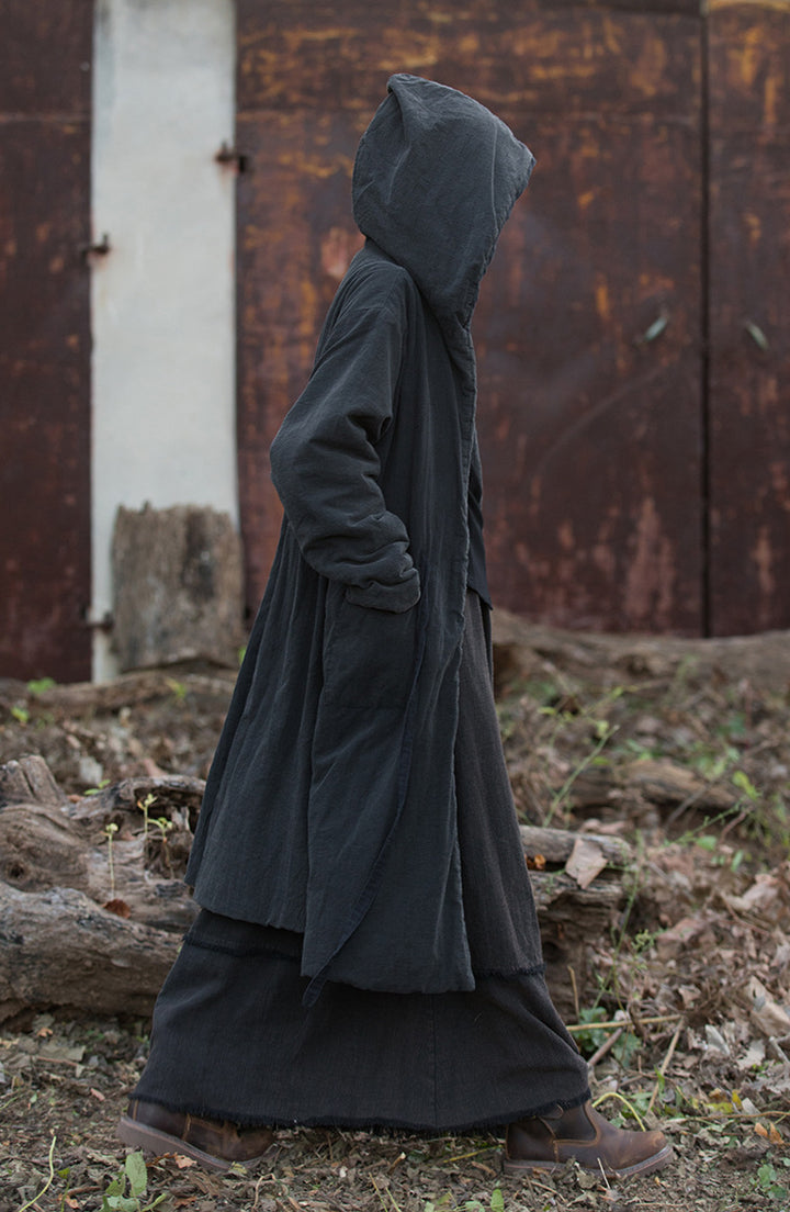 black quilted transitional women's coat maxi coat with hood