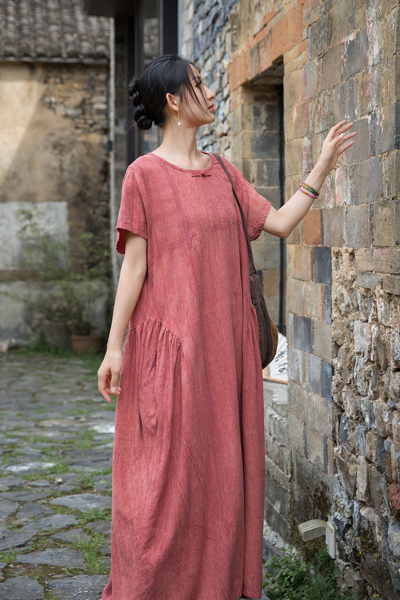 Women's Summer Linen Tie-Dye Short-Sleeved Dress for Comfort