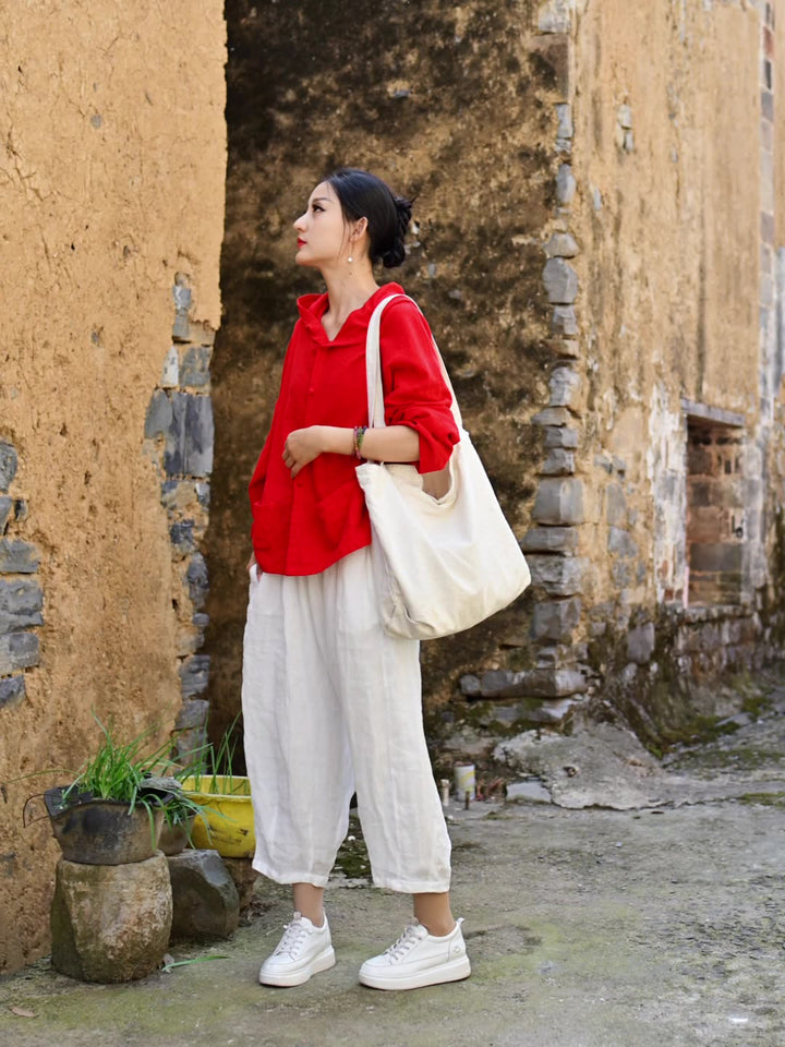 Women's Linen Sand-Washed Hooded Long-Sleeved Blouse