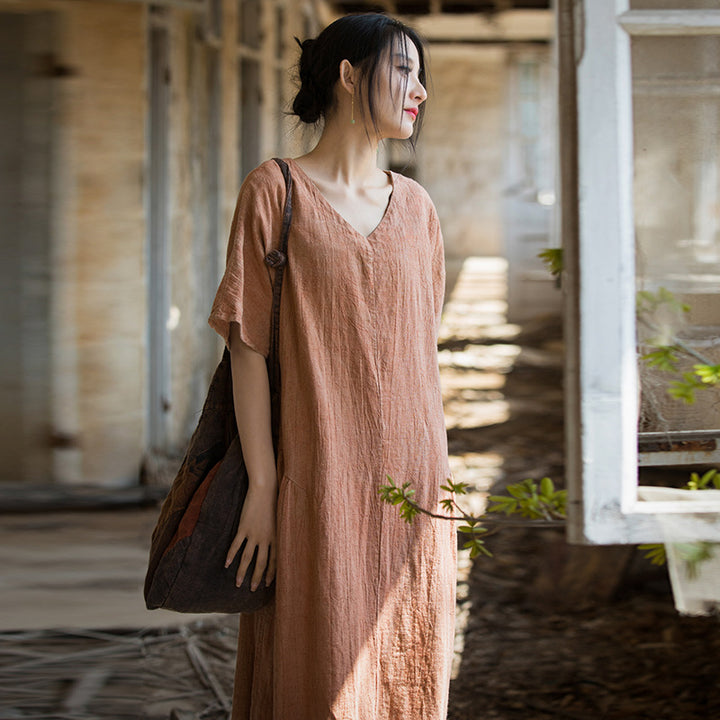 Summer Linen Tie-Dyed Fried Color V-Neck Dress for Women