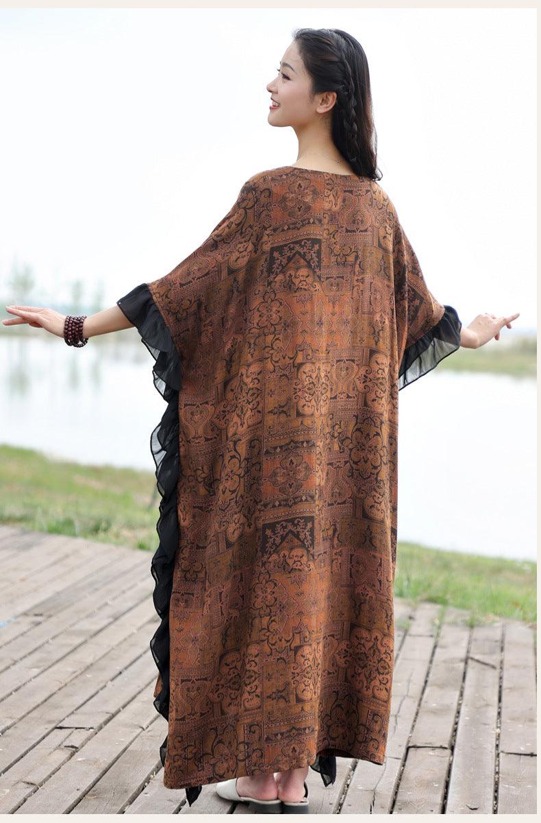 Retro Brown Cotton Bat Sleeve Maxi Dress for Women-Women's dress-Thebesttailor-Thebesttailor