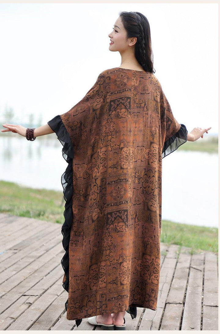 Retro Brown Cotton Bat Sleeve Maxi Dress for Women-Women's dress-Thebesttailor-Thebesttailor