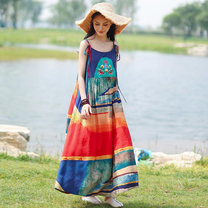 Bohemian Embroidered Sling Maxi Dress for Casual Beach Wear-Women's dress-Thebesttailor-One size-Red-Cotton-Thebesttailor