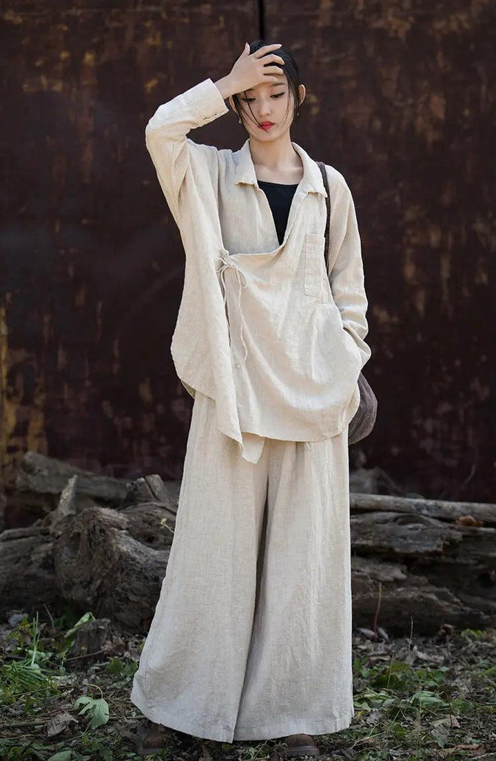 women tops Vintage Lace-up Linen Cardigan with Retro Style-Women's Shirt-Thebesttailor-Thebesttailor