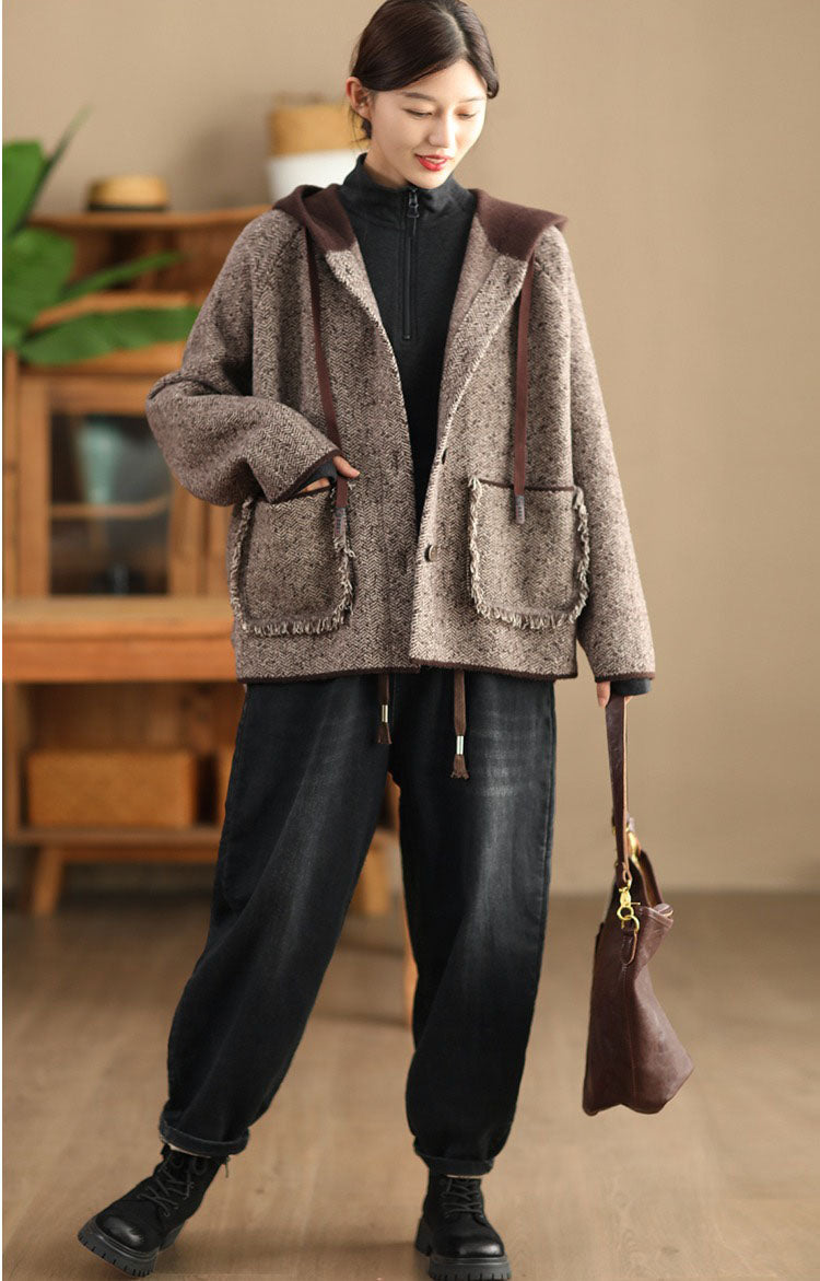 winter wool herringbone pattern jacket with hood womens