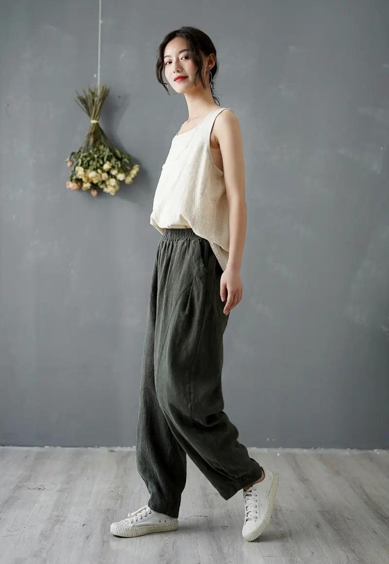Vintage Summer Ginger Linen Tapered Women's Pants for Casual Wear-Women's pants-Thebesttailor-Thebesttailor