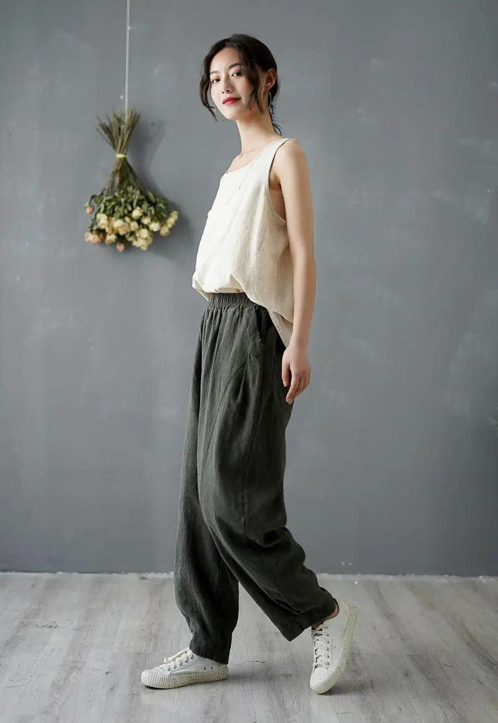Vintage Summer Ginger Linen Tapered Women's Pants for Casual Wear-Women's pants-Thebesttailor-Thebesttailor