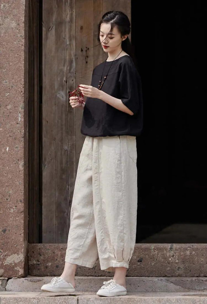 Loose White Cotton and Linen Short Sleeve T-shirt for Women-Women's Shirt-Thebesttailor-Thebesttailor