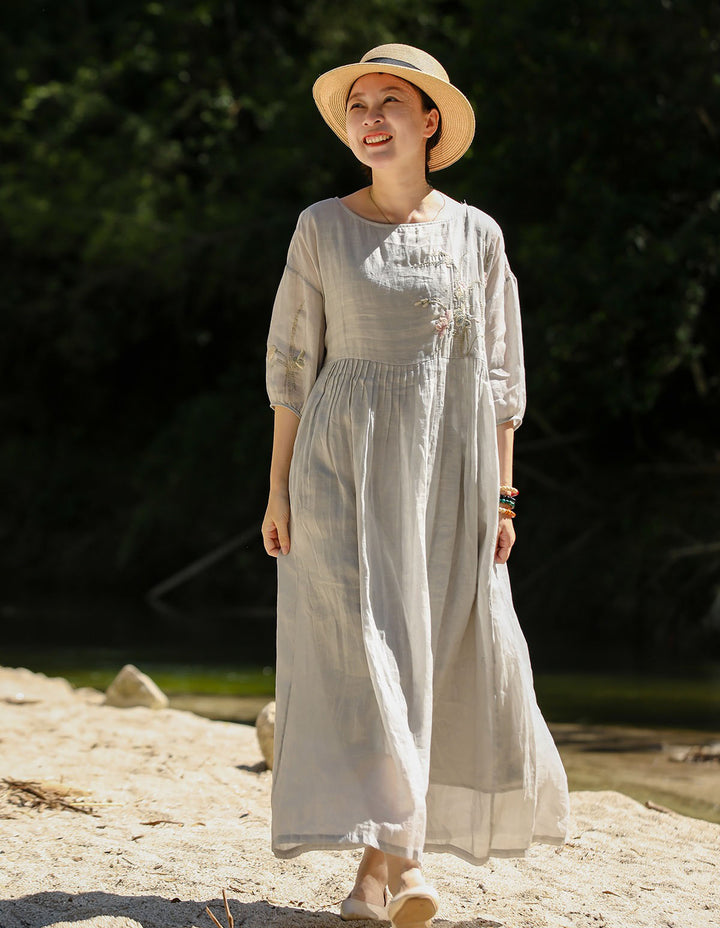 Linen Embroidery Round Neck High Waisted Summer Dresses